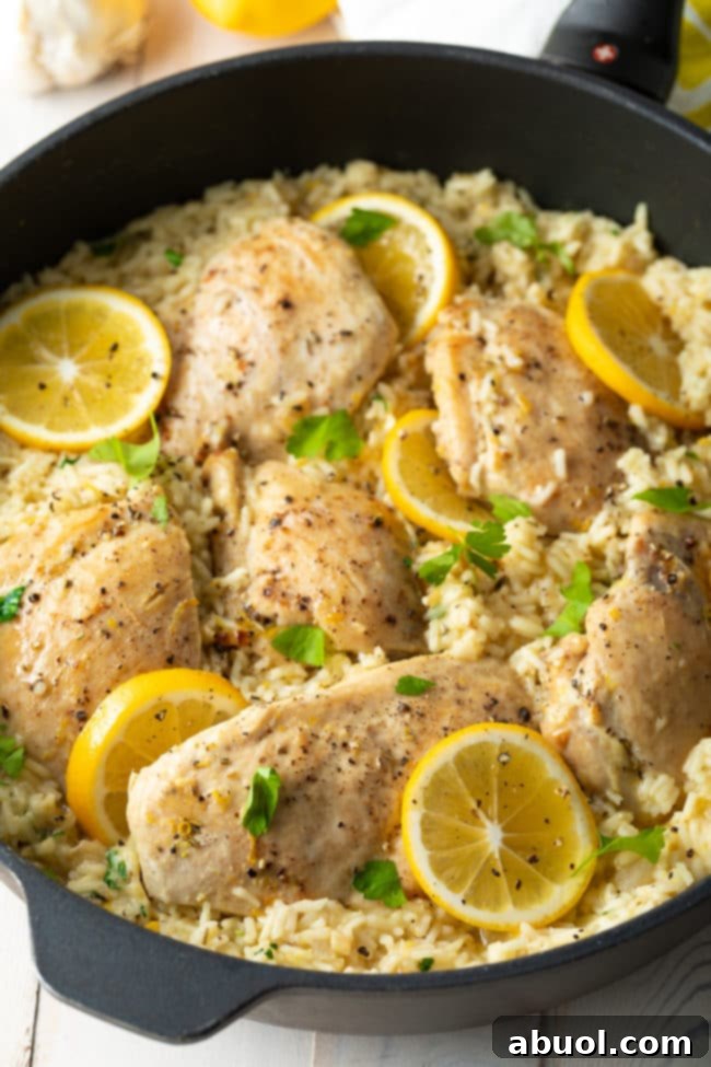 A close-up of cheesy Parmesan chicken with lemon and rice skillet, garnished with fresh herbs and lemon wedges, ready to be enjoyed.