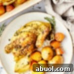 Roasted Game Hens in a roasting pan on a bed of veggies.