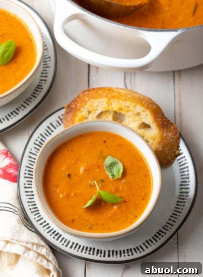 Roasted Tomato and Basil Velvet 12 Two bowls of roasted tomato soup with a pot of more soup in the background.