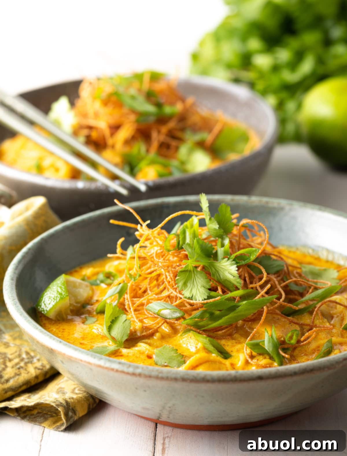 A side view of a rich and creamy bowl of Thai Khao Soi Coconut Curry Soup, ready to be enjoyed.