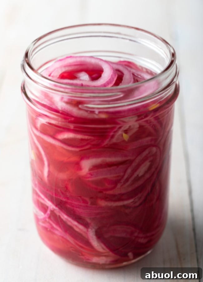 How to Make Quick Pickled Red Onions - close up of a jar filled with sliced red onions in pickling liquid, showcasing their vibrant pink color