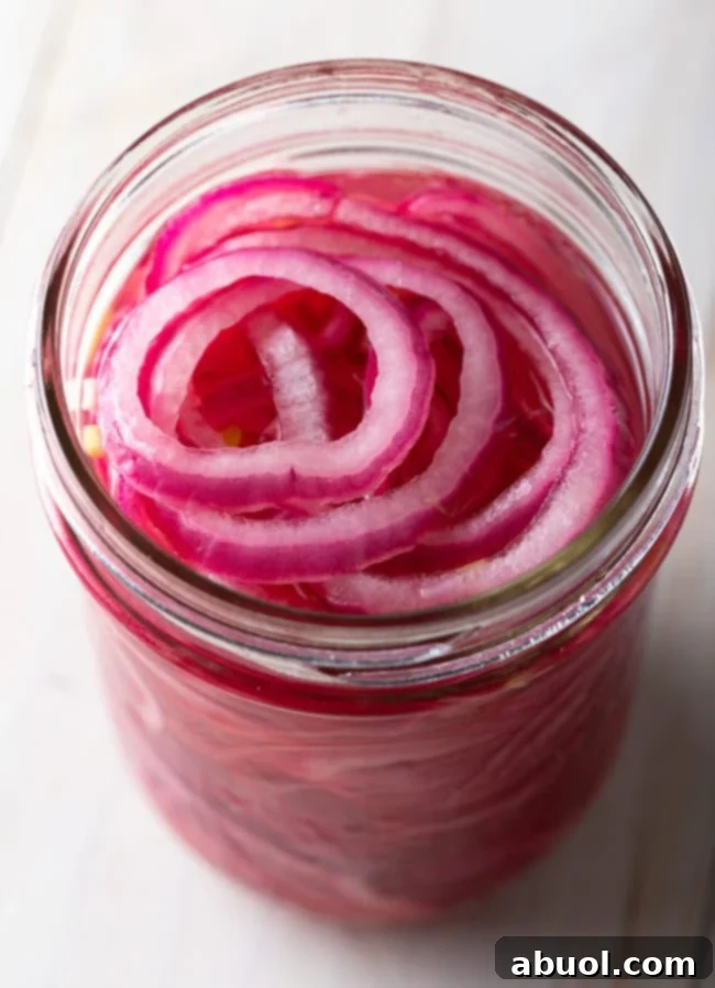 Quick and Easy Pickled Red Onions recipe - a close-up shot of a small bowl overflowing with perfectly pickled red onion slices
