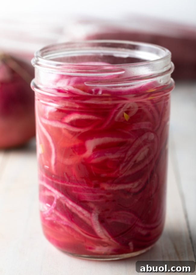 How to make quick pickled red onions - close up of a jar filled with vibrant red onions, ready for pickling
