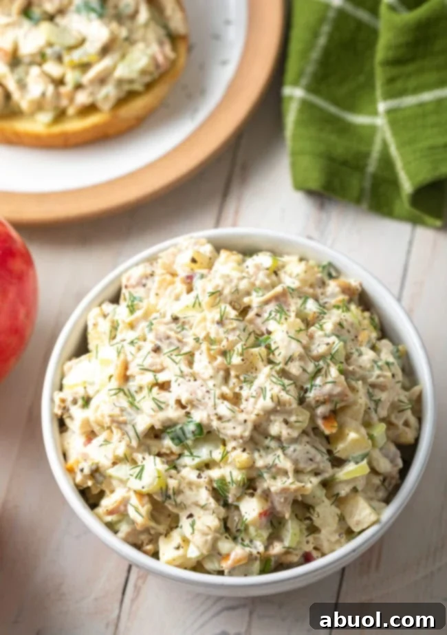 Top down view of the best chicken salad recipe in a bowll.