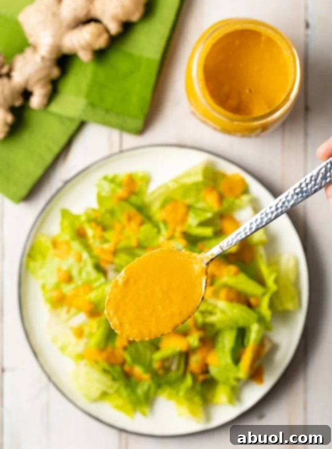 Close-up shot of a spoon filled with the smooth, vibrant orange Japanese ginger dressing, held towards the camera to highlight its creamy consistency.
