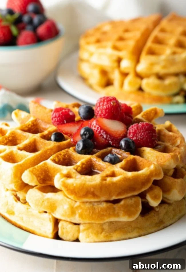 Three perfectly golden-brown homemade waffles, stacked elegantly on a white plate, ready for toppings. 
