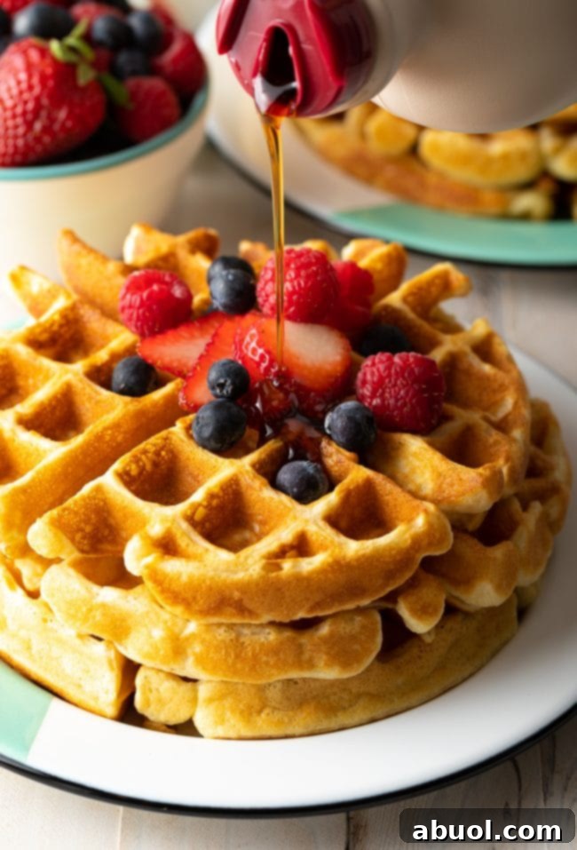 Maple syrup being generously poured over a stack of perfect, simple waffles, highlighting their golden crispness. 