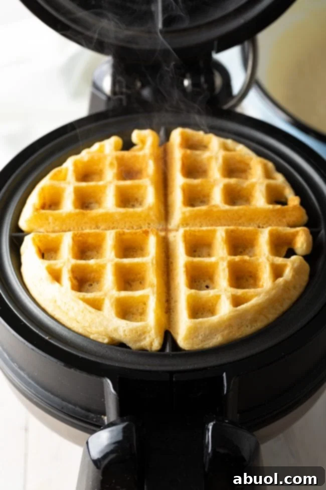 A close-up view of a waffle cooking in a hot waffle maker, showing the rising steam and browning process.