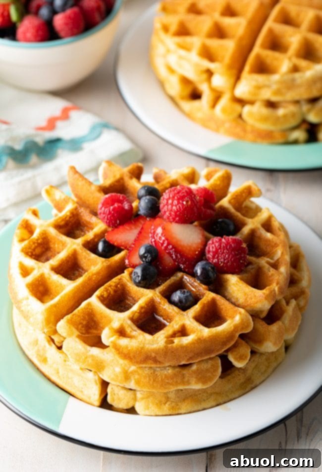 A delectable easy waffle recipe served with an abundance of fresh mixed berries on a crisp white plate, showcasing its appeal. 