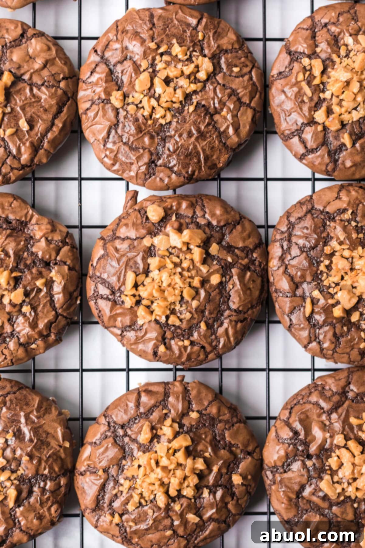 Delicious Soft Brownie Cookies with Toffee Bits cooling on a wire rack, showcasing their rich chocolate color and golden toffee crunch.