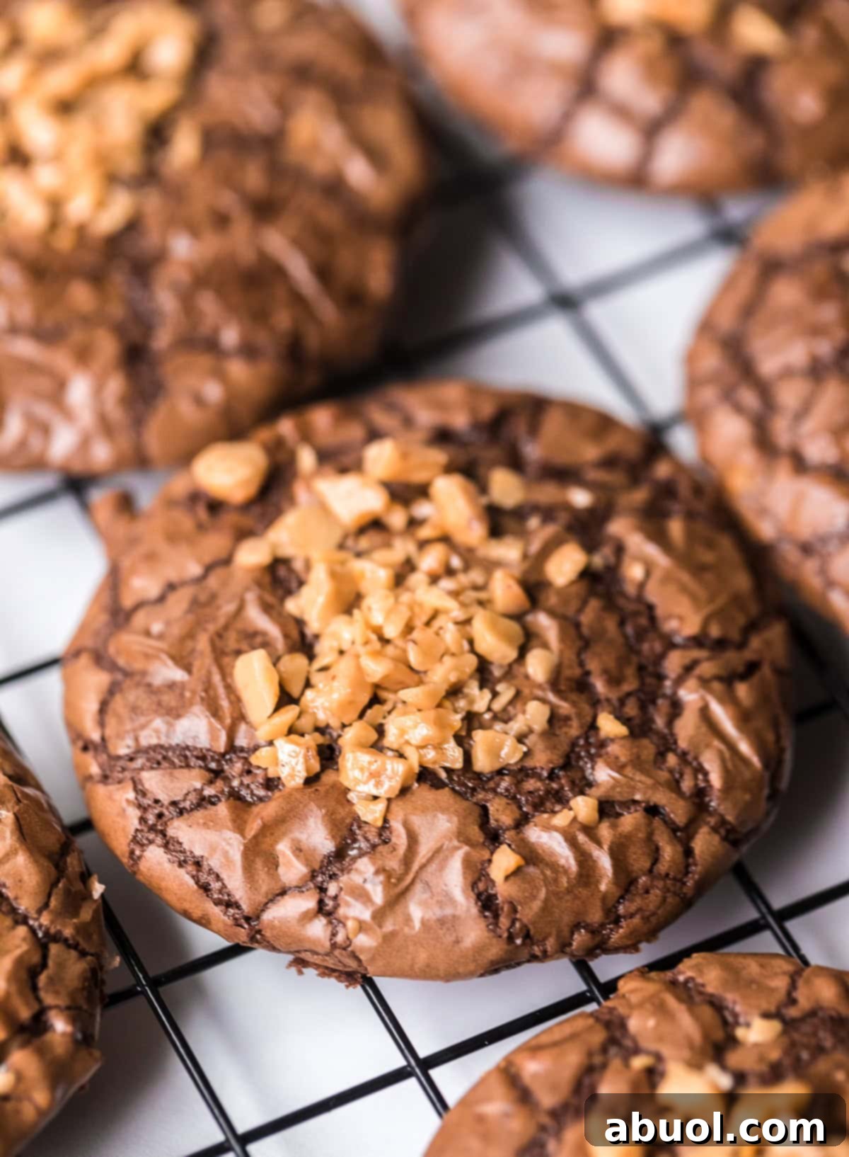 Close-up shot of a single homemade Brownie Cookie, showcasing its crinkly top, fudgy texture, and embedded toffee pieces.
