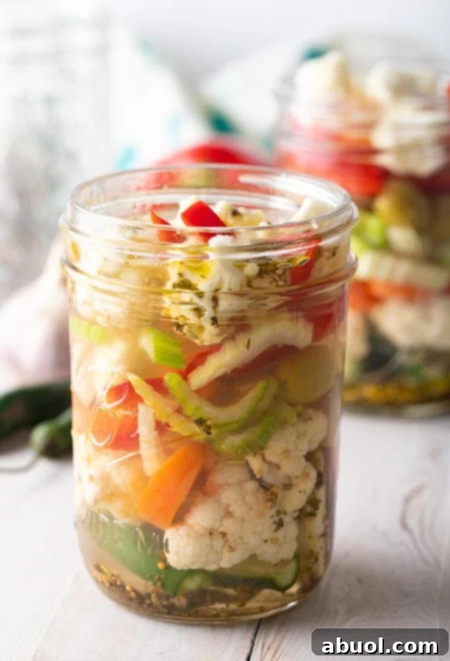 Zesty Italian Giardiniera 10 Homemade Italian pickled vegetables in a glass jar.