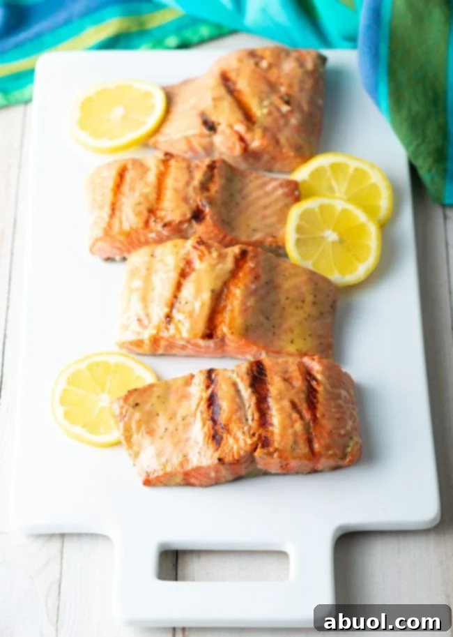 Grilled salmon on a platter. 