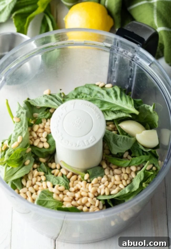 Basil, pine nuts and garlic in the food processor