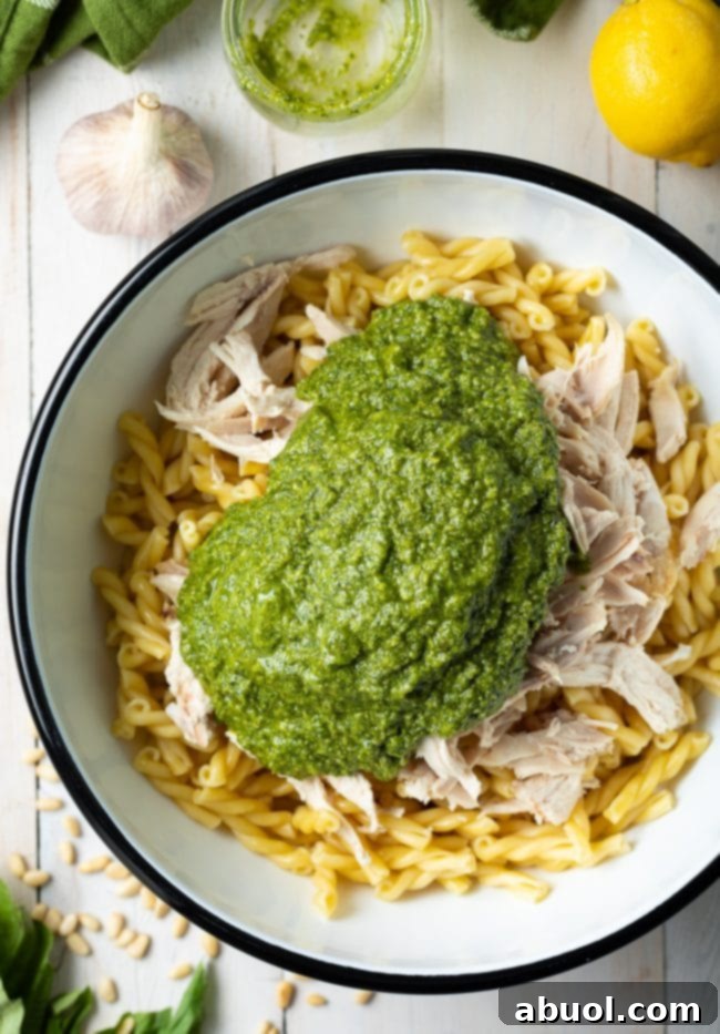 large bowl with cooked pasta, shredded chicken, and homemade pasta - ready to mix