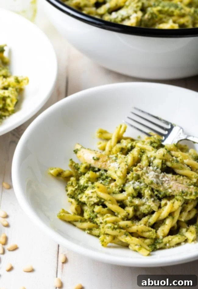 homemade pesto sauce on pasta in bowl