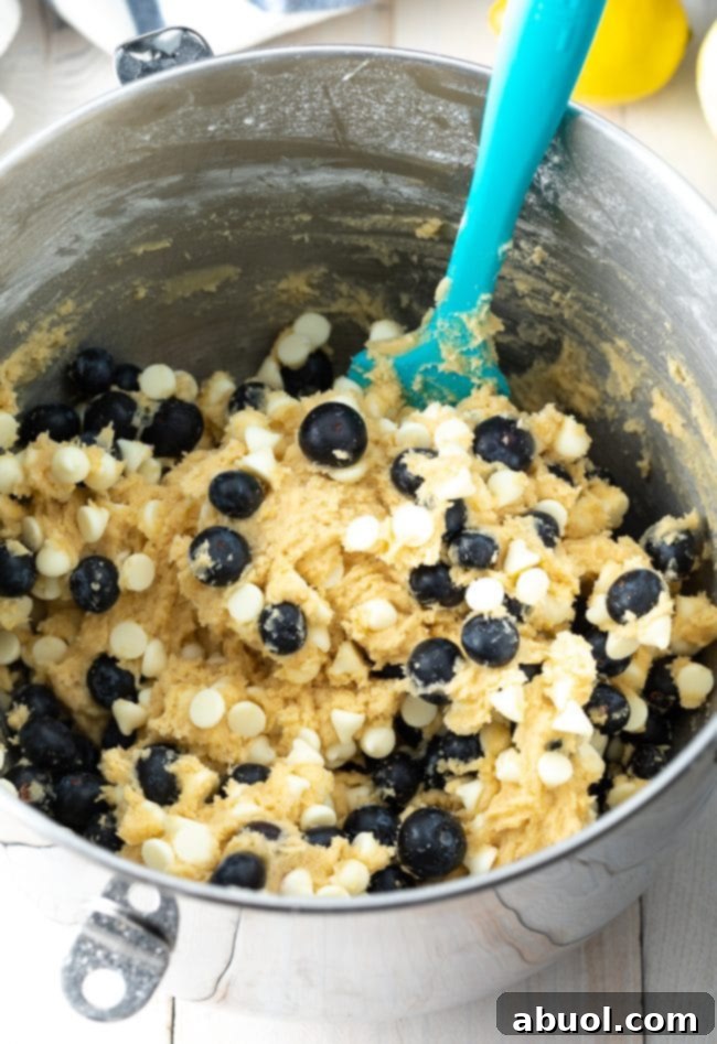 Blueberries and white chocolate chips added to the cookie dough.