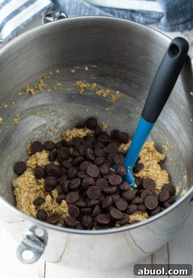 A rich cookie batter, studded with chocolate chips, being gently folded in a mixing bowl, showcasing its readiness for baking.