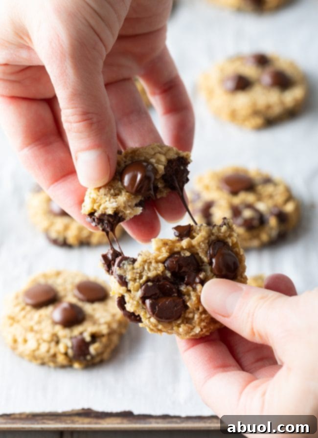 A hand is shown pulling apart a healthy chocolate chip cookie, revealing the warm, melty chocolate inside, highlighting its perfect texture.