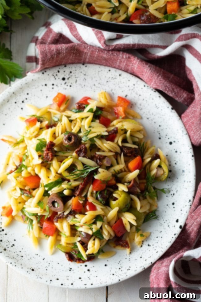 Mediterranean Orzo Salad with lemon vinaigrette recipe served on a plate, garnished with fresh herbs.