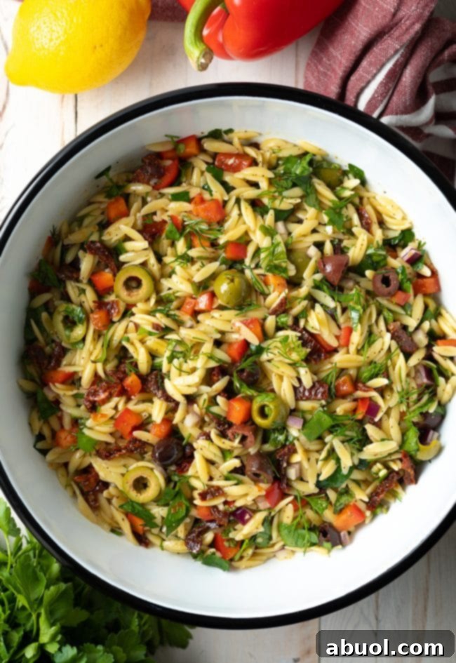 Overhead shot of Greek orzo pasta salad in a large serving bowl, garnished with fresh herbs, ready to be served.