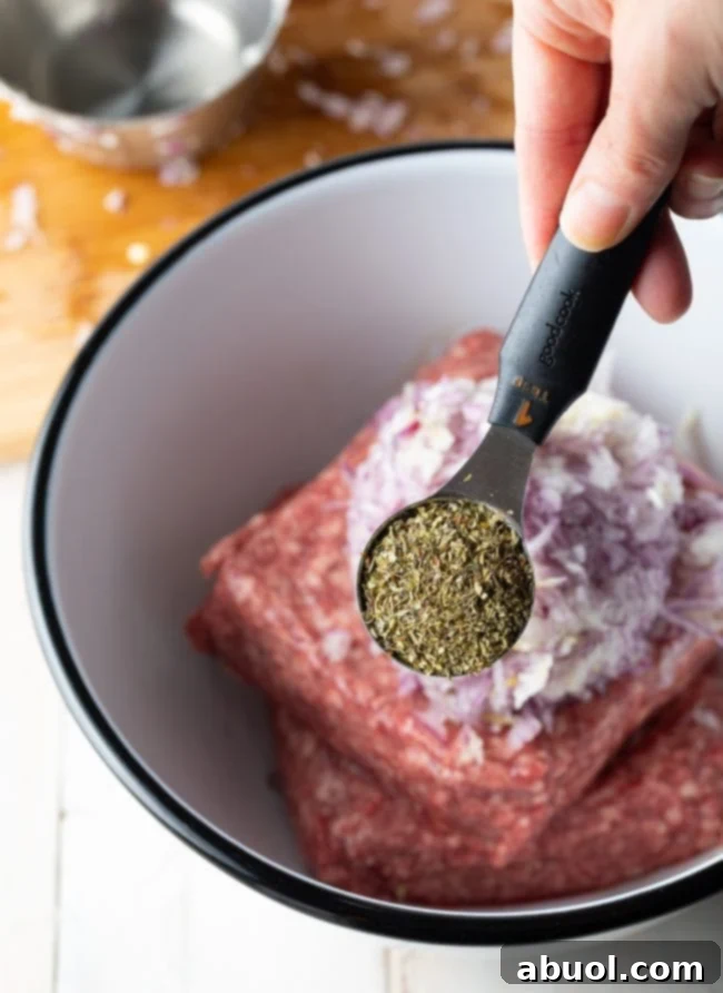 Ground lamb and onion in a mixing bowl with hand holding a measuring spoon of seasonings above it.