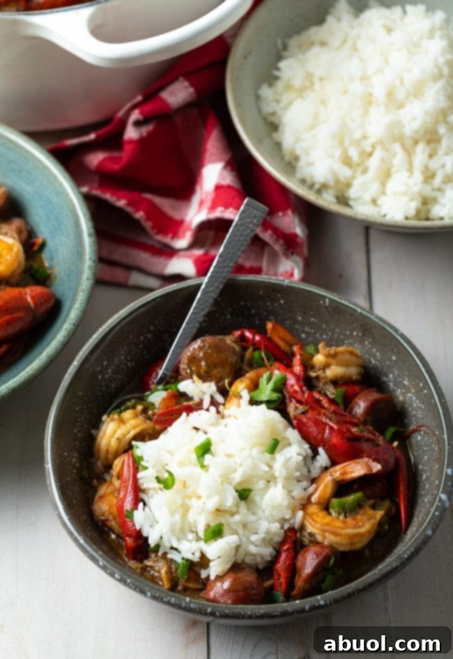 seafood cajun gumbo in bowls with scoop of white rice