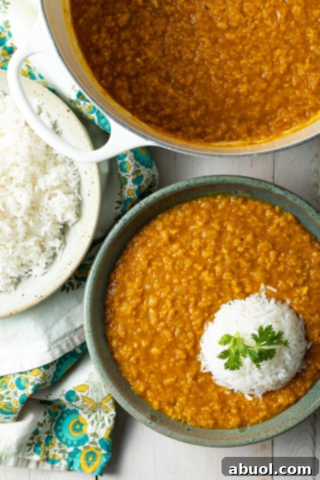Perfect Mung Dal Recipe 3 Overhead view of a delicious bowl of Mung Daal with a vibrant orange hue