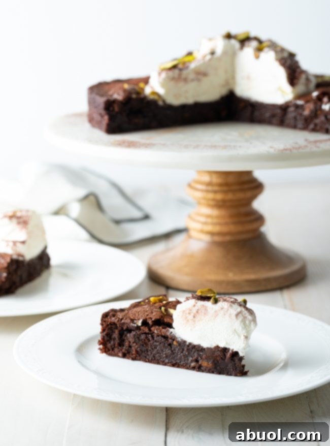 flourless chocolate brownie cake -sliced on plate 