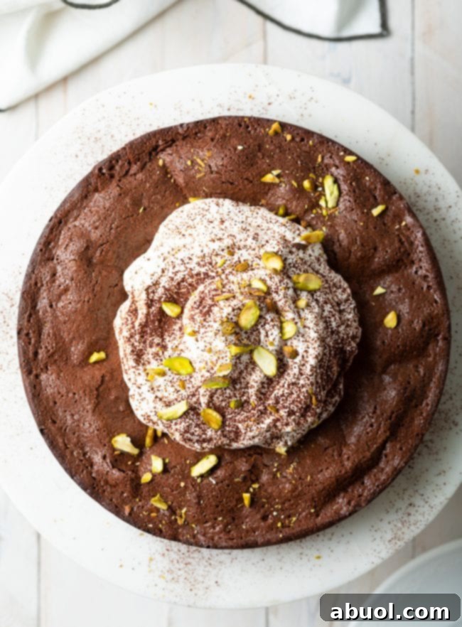 gluten free brownie cake overhead shot of whole cake on stand