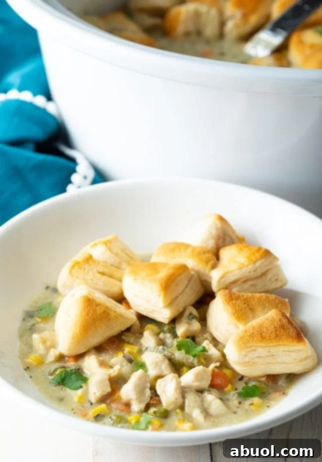 A bowl of creamy chicken pot pie soup with small pieces of golden-brown biscuits served on top, ready to be enjoyed.