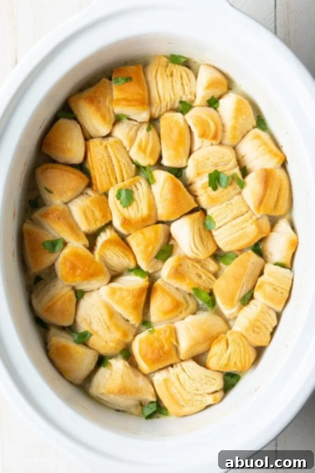 An overhead shot showcasing the inviting Crock Pot Chicken Pot Pie, topped with golden biscuits in a rustic setting.