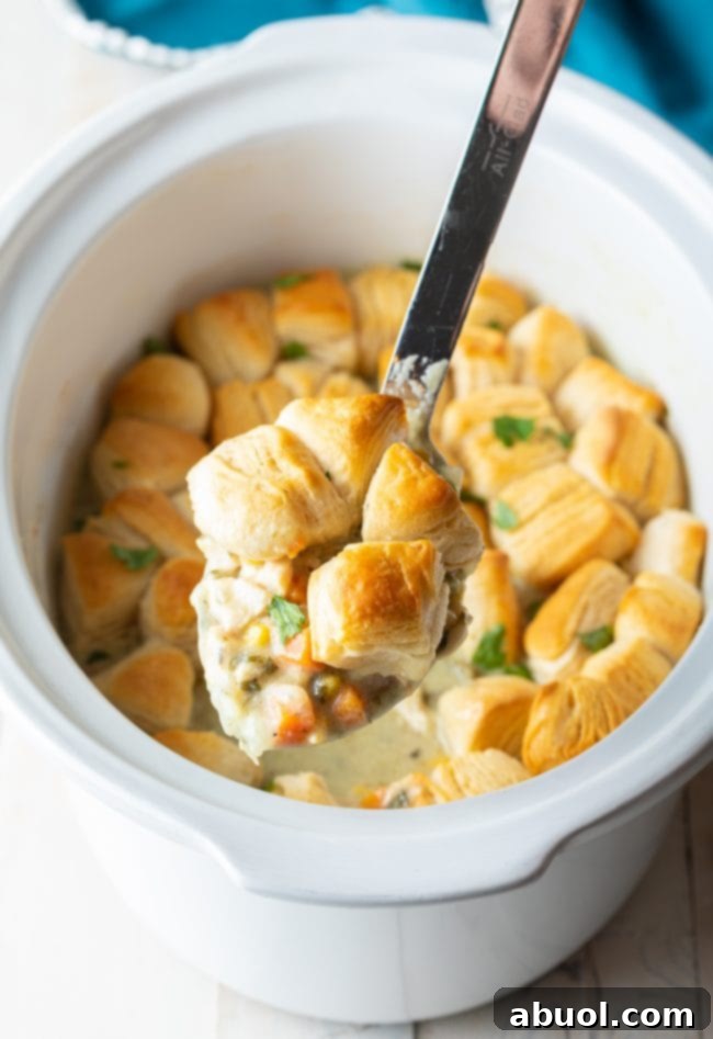 A spoonful of rich chicken pot pie filling with tender chicken and vegetables, ready to be topped with biscuits.