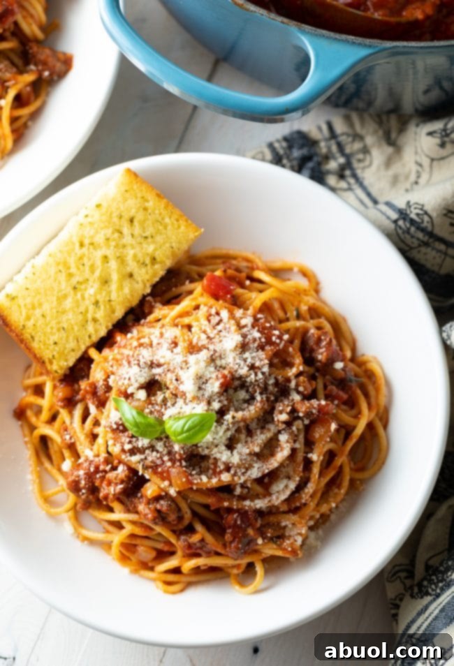 Best homemade meat sauce recipe over spaghetti in a bowl, ready to serve