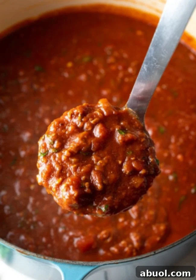 Rich meat sauce simmering in a large pot, being scooped with a ladle