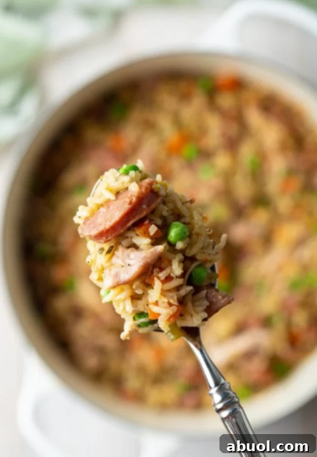Southern Comfort Chicken Bog 4 Close-up of a spoonful of Southern Chicken Bog, showing tender chicken chunks, savory sausage, and fluffy rice speckled with peas.
