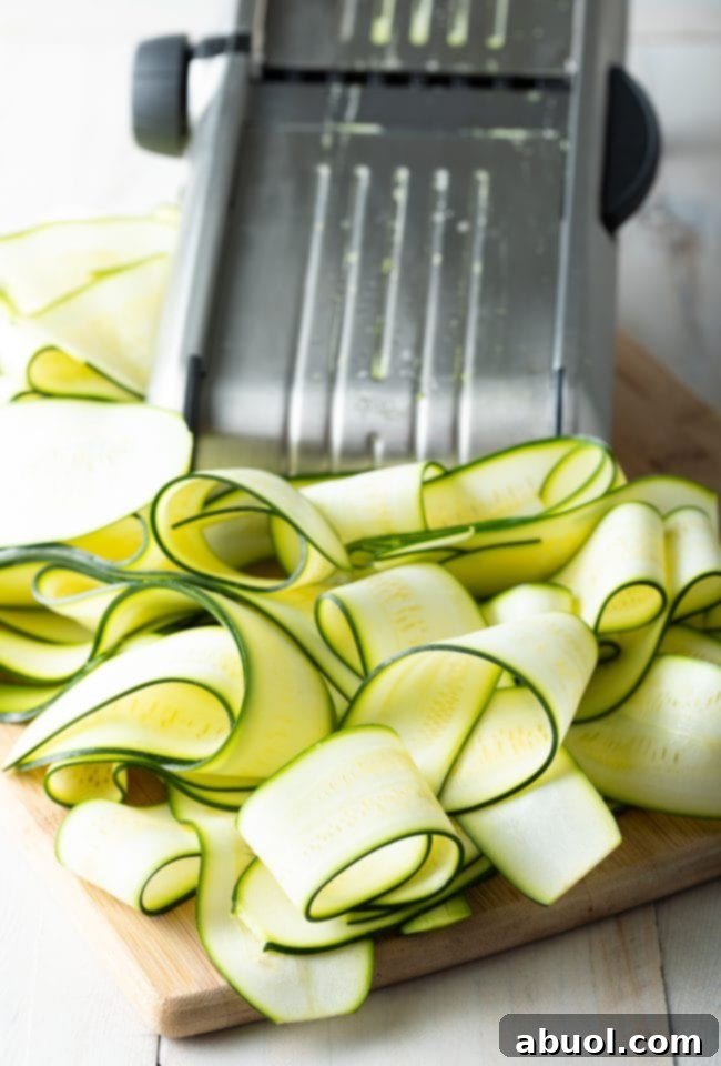 slices of zucchini next to a mandoline slicer. 