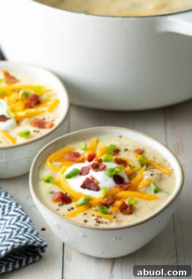 Cozy Stovetop Potato Soup 2 A steaming bowl of easy potato soup, generously topped with dollops of sour cream, grated cheddar cheese, crumbled bacon, and fresh green scallions.