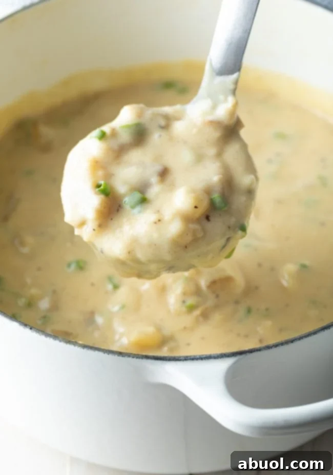 Cozy Stovetop Potato Soup 7 Creamy loaded potato soup being scooped from a white pot with a ladle, showcasing its thick consistency and delicious chunks.
