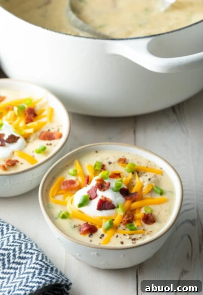 Cozy Stovetop Potato Soup 8 A beautifully presented bowl of baked potato soup, generously adorned with all the classic toppings of cheese, bacon, sour cream, and green onions.