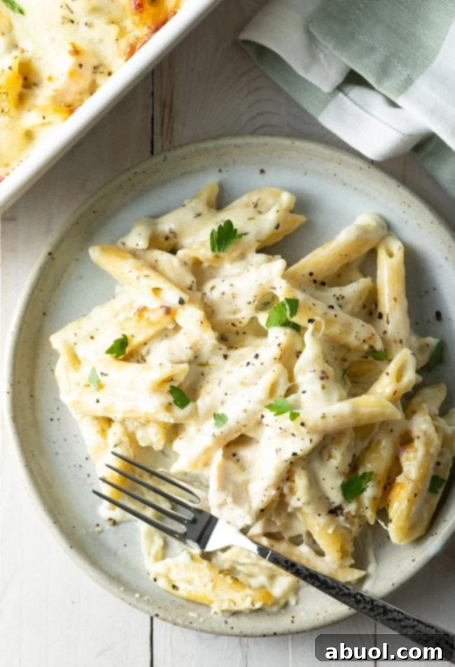Top down view of a generous serving of cheesy chicken alfredo pasta bake on a white plate with a fork ready to enjoy.