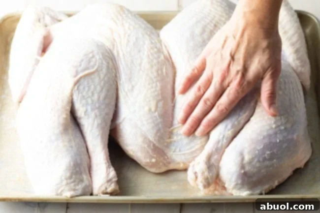 A hand gently pressing down on a spatchcocked turkey to ensure it's flattened evenly on a baking sheet.