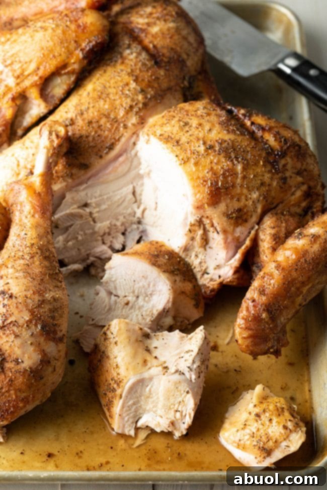 A roasted spatchcock turkey, expertly carved into delicious pieces, ready to be served from a platter.