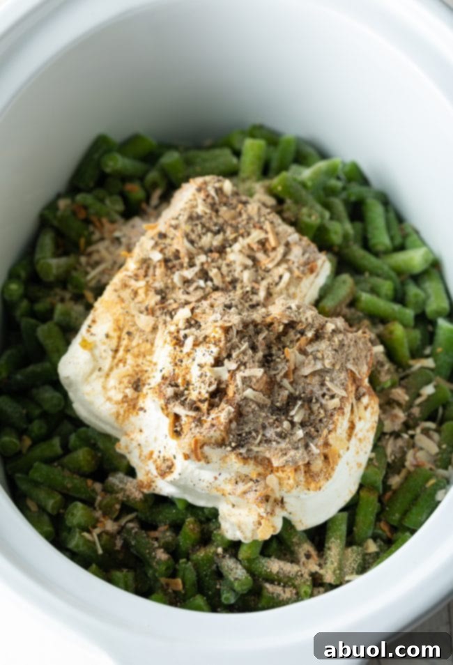 frozen green beans, cream cheese, onion soup mix, sour cream