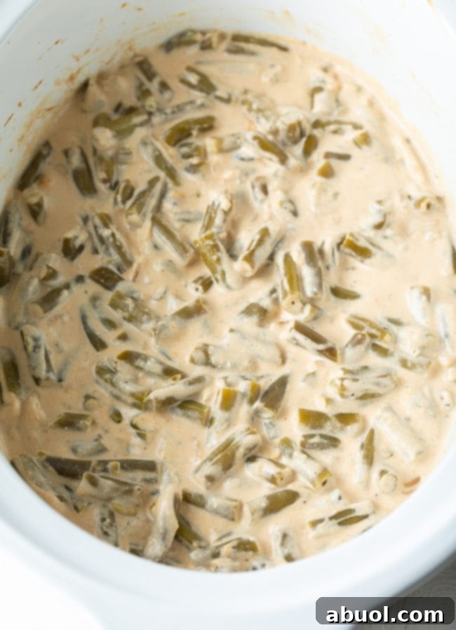 Crockpot Green Bean Casserole with Cream Cheese in the crock 