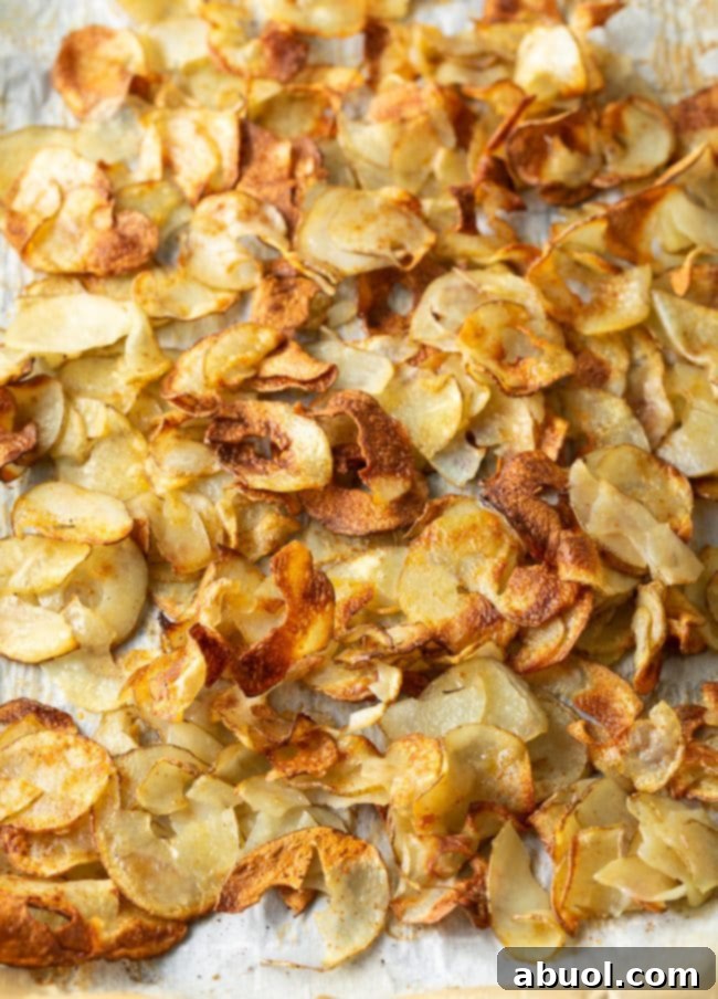 Oven-Baked Crispy Potato Ribbons 6 Crunchy oven roasted potato ribbons on parchment paper, fresh from the oven.
