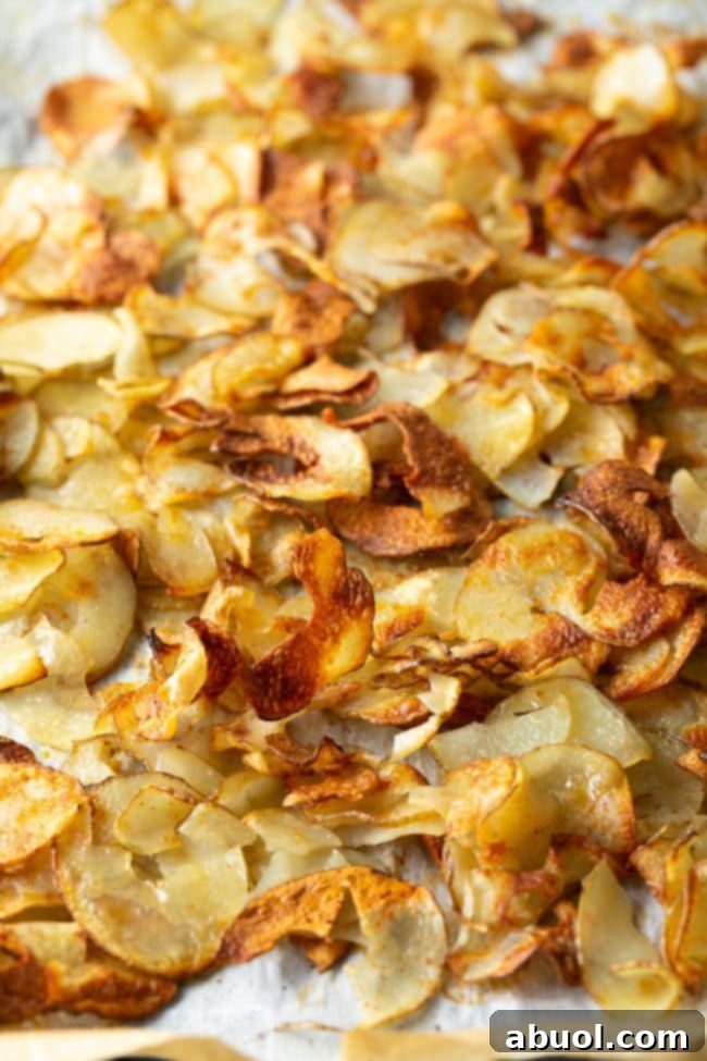 Oven-Baked Crispy Potato Ribbons 7 A close-up of golden brown oven roasted potato ribbons spread across a baking sheet.