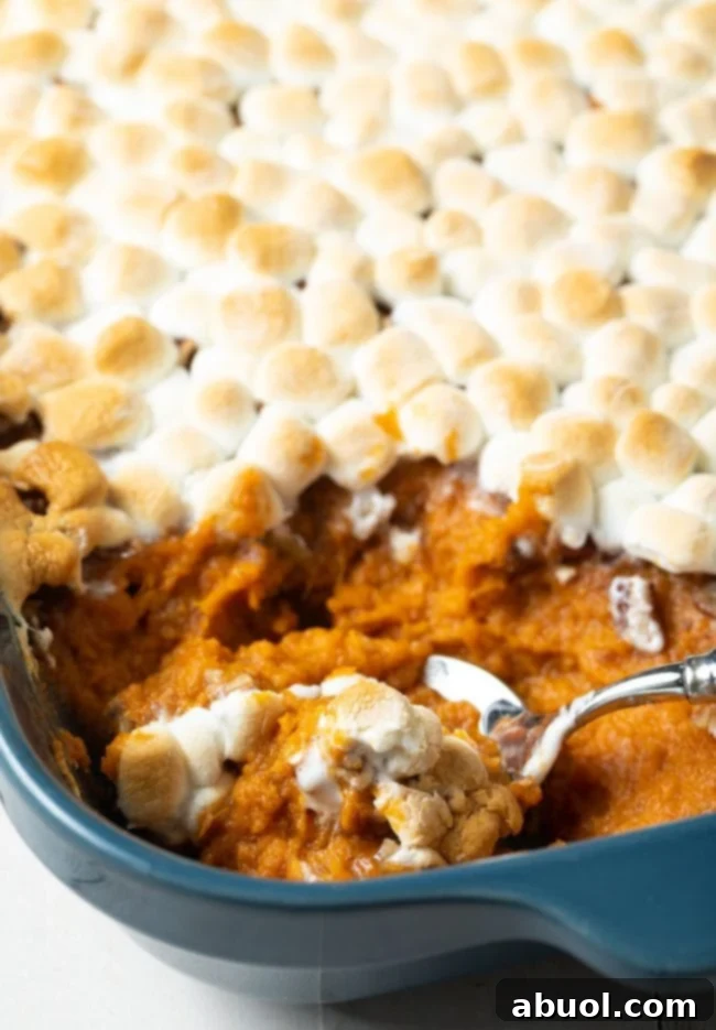 southern sweet potato casserole with marshmallows - spooned out of baking dish