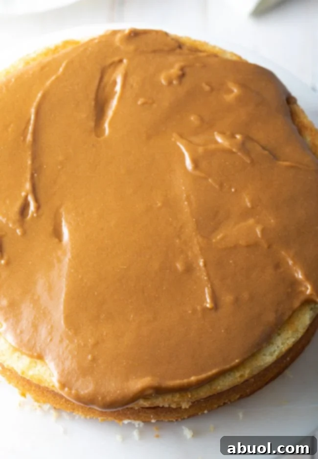 frosting on cake that is just spreadable enough as a caramel frosting