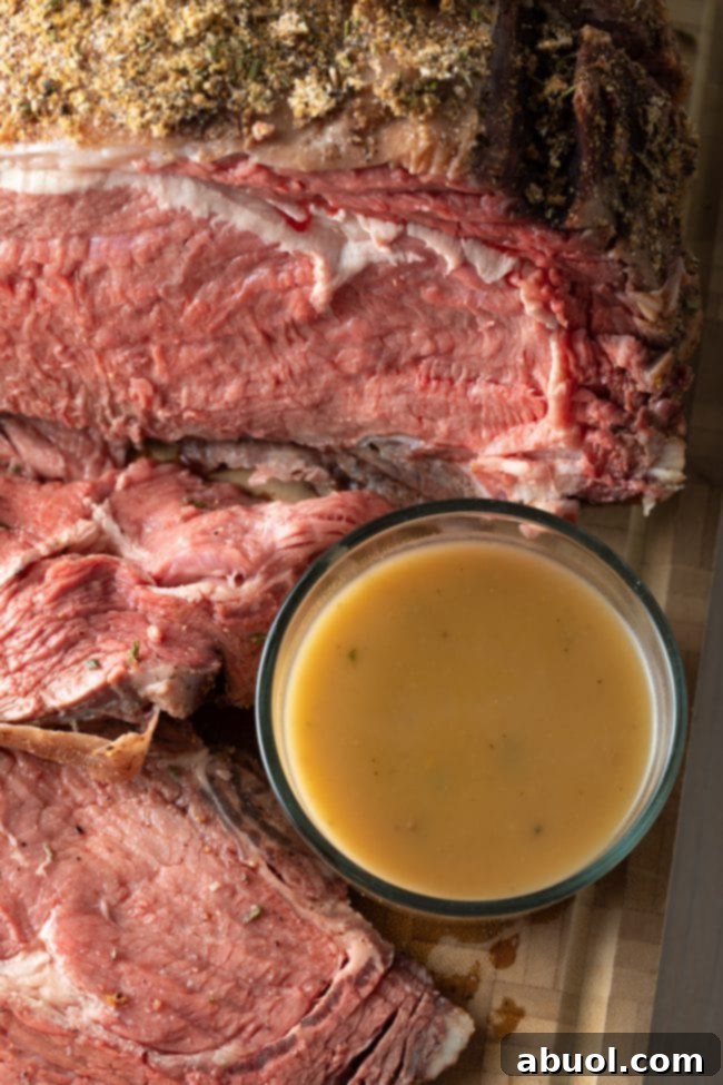 Smoked Prime Rib Perfection 9 smoked prime rib recipe with au jus - overhead shot of finished recipe